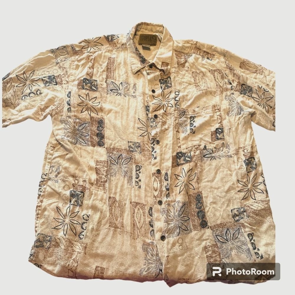 Utopia Vintage Men's 100% Silk Short Sleeve Hawaiian Button Down Shirt XL
